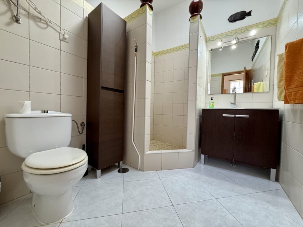 Ein Badezimmer mit einer Dusche, WC und einem Waschbecken in einem modernen Design.