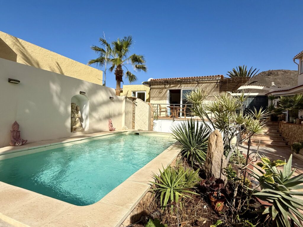 Poolhaus in Fuerteventura mit einem Schwimmbad und umgebenden Pflanzen.